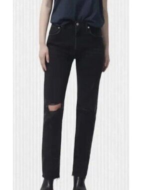 AGOLDE Black Jeans Womens 25 High Rise Straight Leg Distressed Button Fly Denim